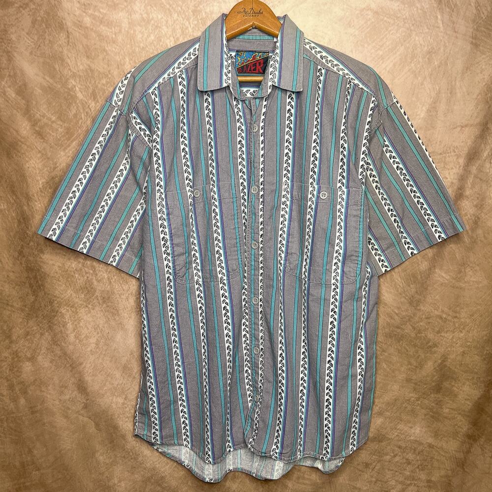 Vintage Geometric Button Up 90s Striped Button Up Shirt Short Sleeve Skater Gray